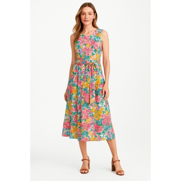 ANNE KLEIN Womens Size XS FLORAL COTTON  FIT AND FLARE BELTED MIDI DRESS NEW - Picture 1 of 3